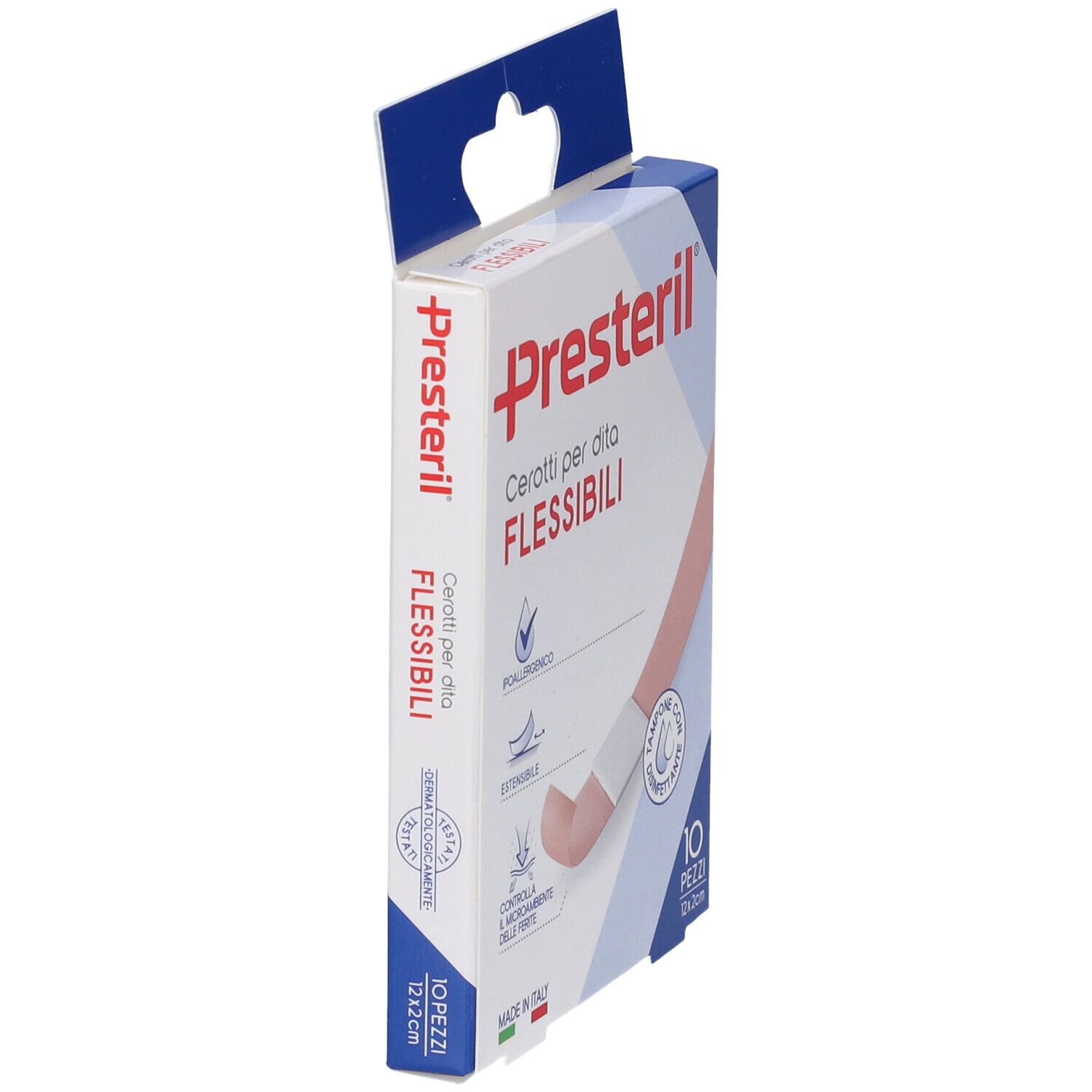 Vista laterale della confezione di cerotti Presteril. Nome e logo del prodotto visibili. 10 pezzi, 12x2cm.