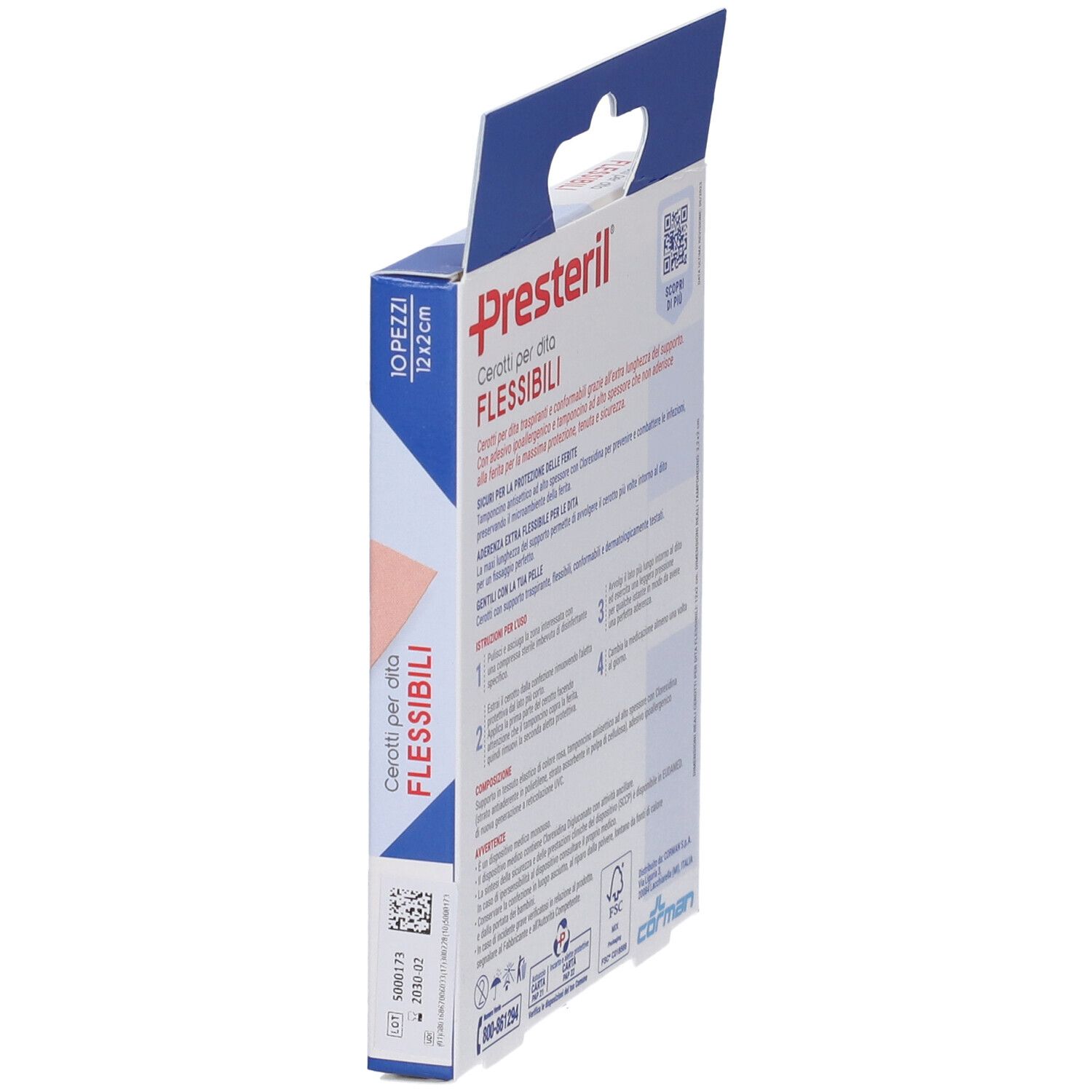 Vista laterale della confezione di cerotti Presteril. Nome e logo del prodotto. Testo e informazioni.