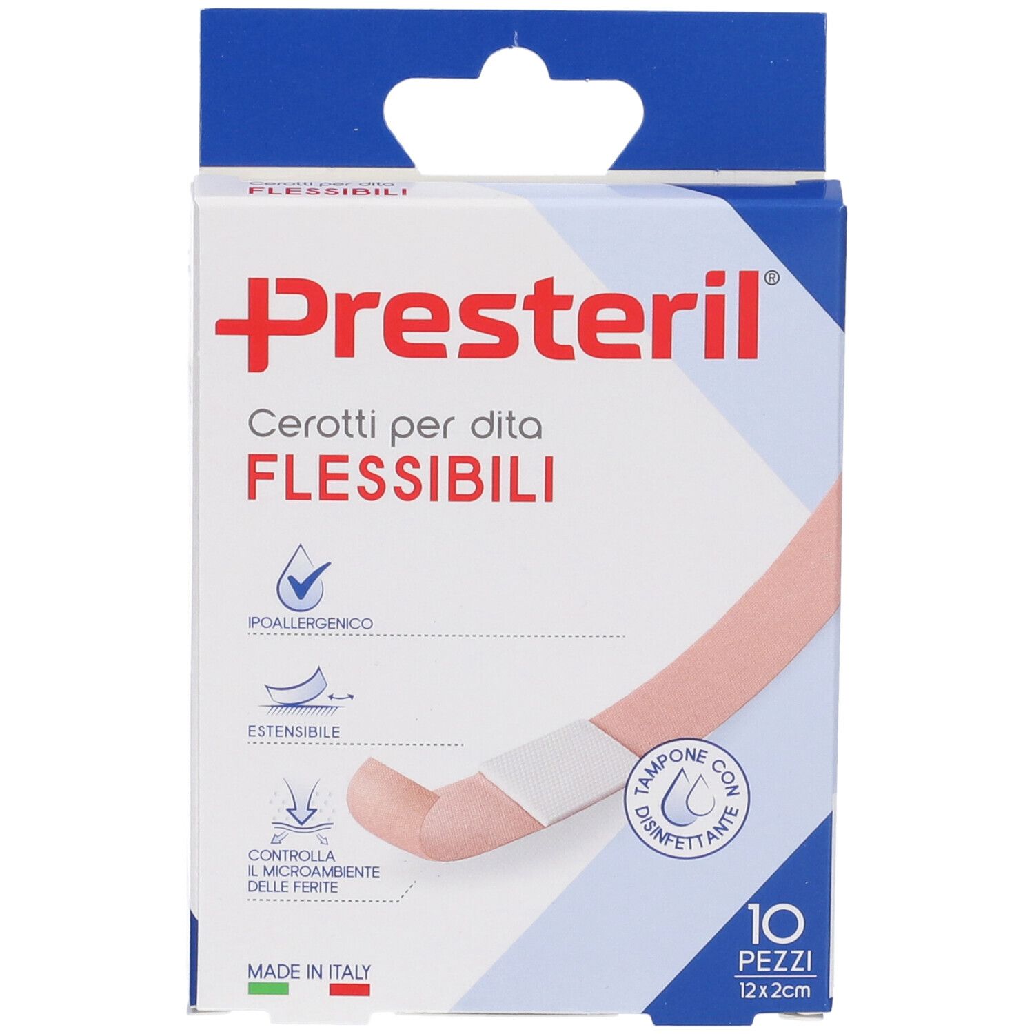 Confezione di cerotti Presteril. Nome e logo del prodotto. 10 pezzi, 12x2cm. Illustrazione di un dito con cerotto.