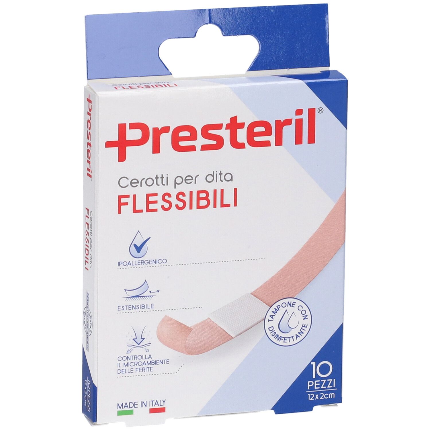 Confezione di cerotti Presteril. Nome e logo del prodotto. 10 pezzi, 12x2cm. Illustrazione di un dito con cerotto.
