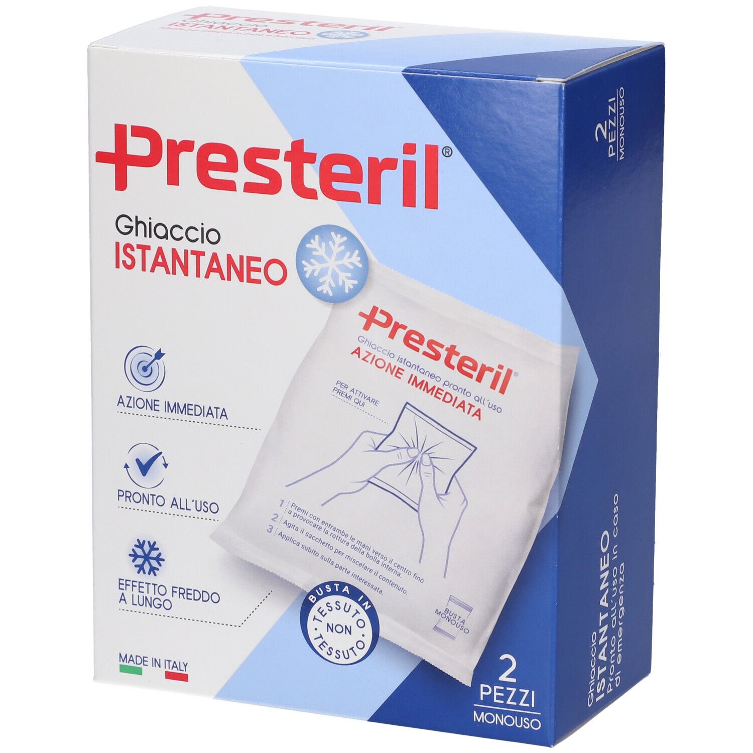 Confezione di Medipresteril® Istant. Scatola con nome, illustrazione e testo. Contiene 2 buste.
