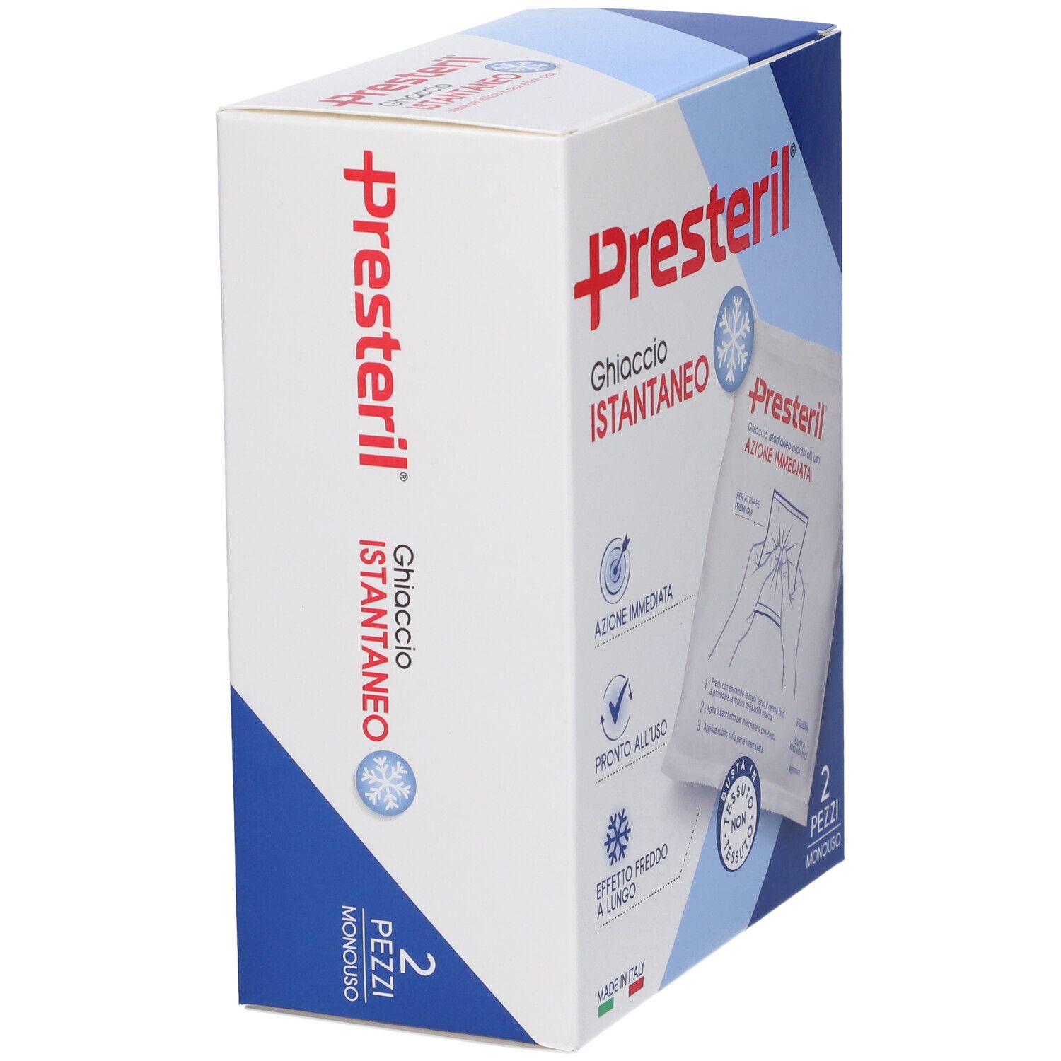 Confezione di Medipresteril® Istant. Scatola con nome e illustrazione. Contiene 2 buste.