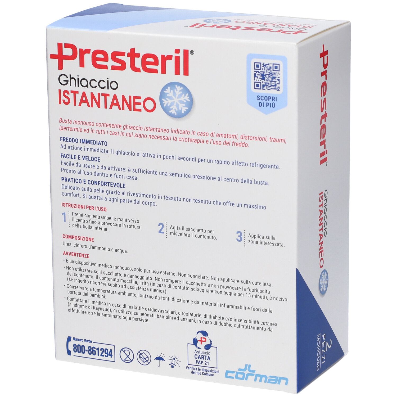 Confezione di Medipresteril® Istant. Informazioni e istruzioni. Contiene 2 buste.