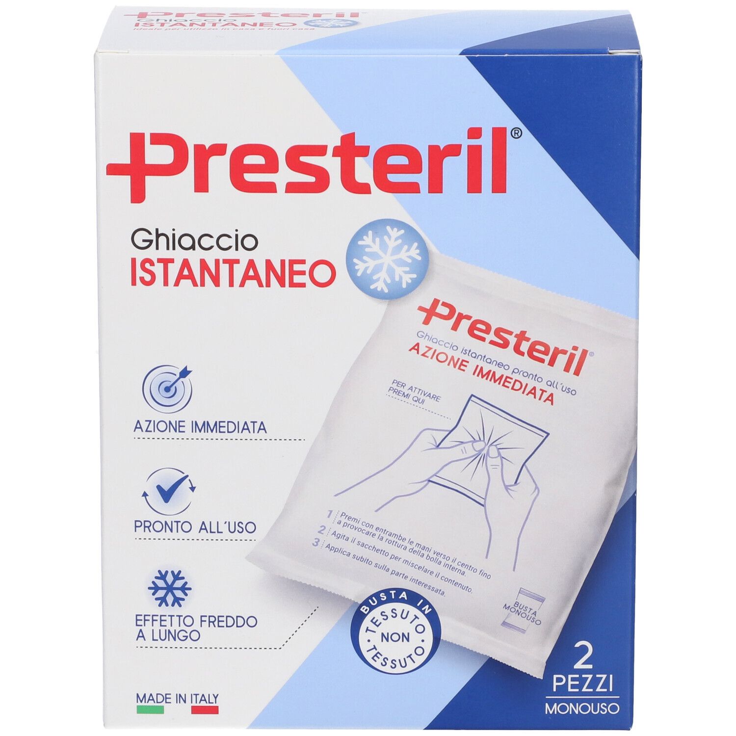 Confezione di Medipresteril® Istant. Nome, illustrazione e testo. Contiene 2 buste.