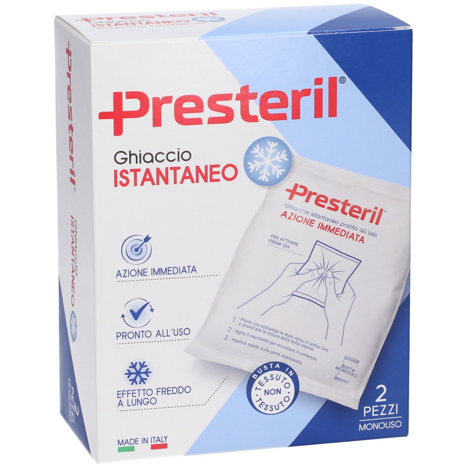 Confezione di Medipresteril® Istant. Nome, illustrazione e testo. Contiene 2 buste.