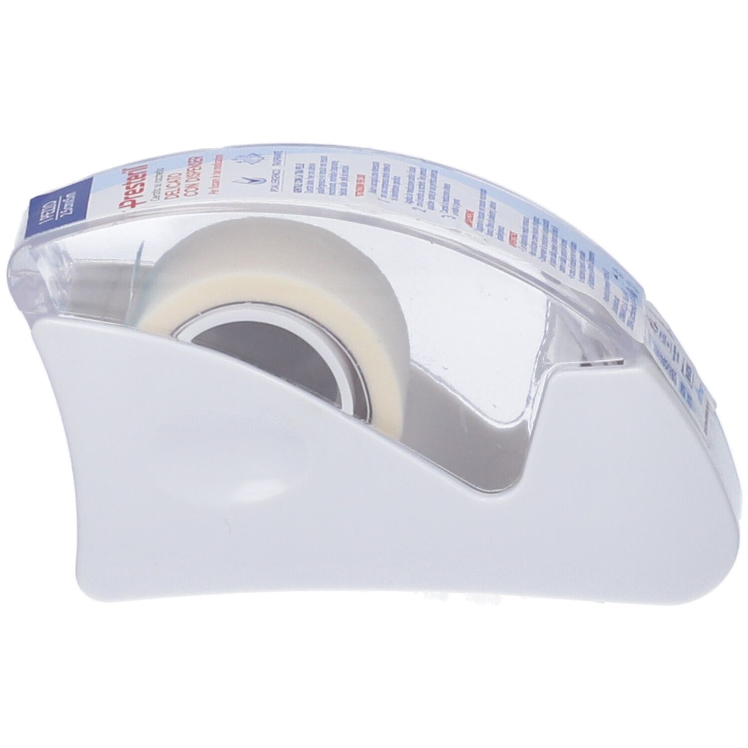 Dispenser bianco con rotolo. Coperchio trasparente. Scritta: PRESTERIL. Marchio: Corman.