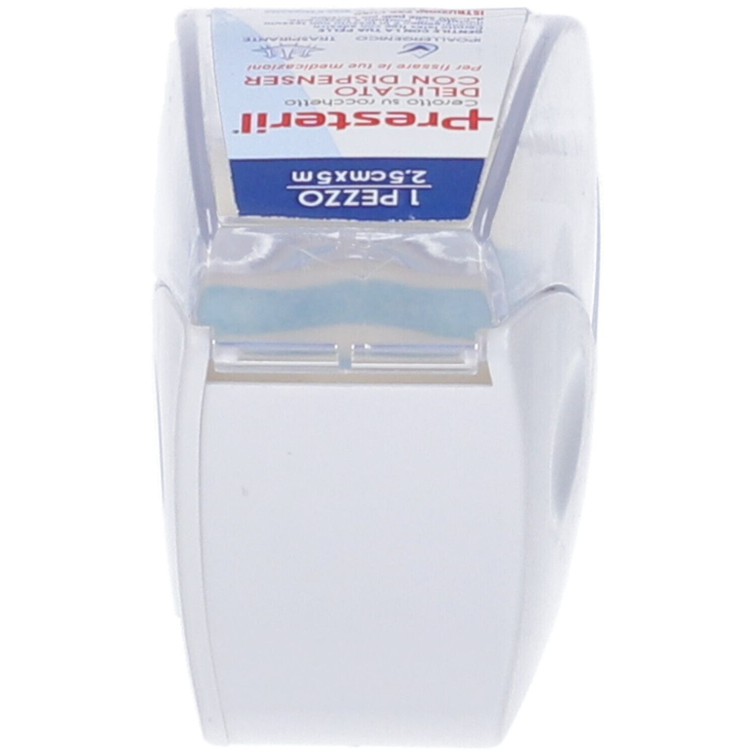 Dispenser bianco con coperchio trasparente. Scritta: 1 PEZZO 2,5cmx5m. Marchio: Corman.