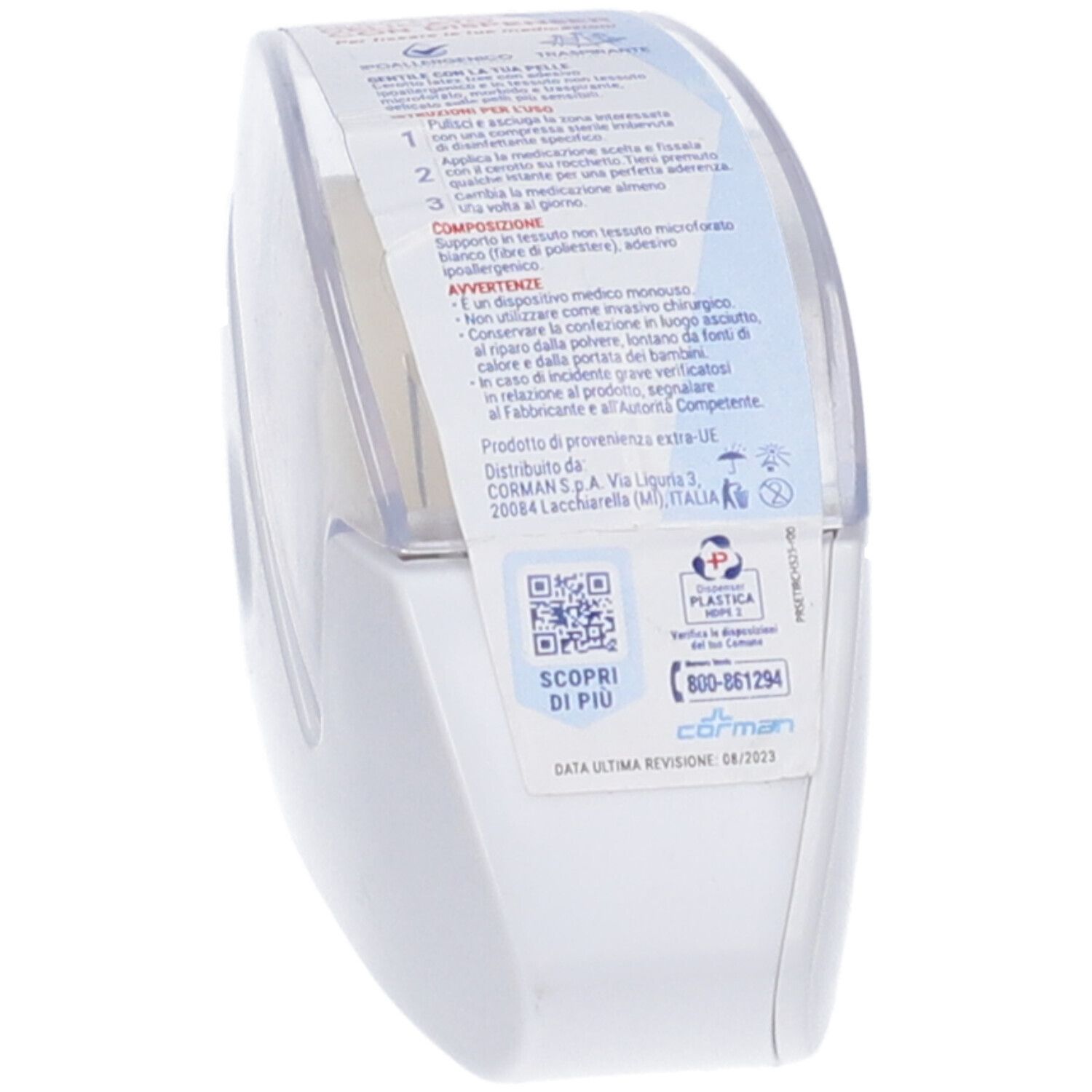 Dispenser bianco con coperchio trasparente. Adesivo con testo e QR code. Marchio: Corman.