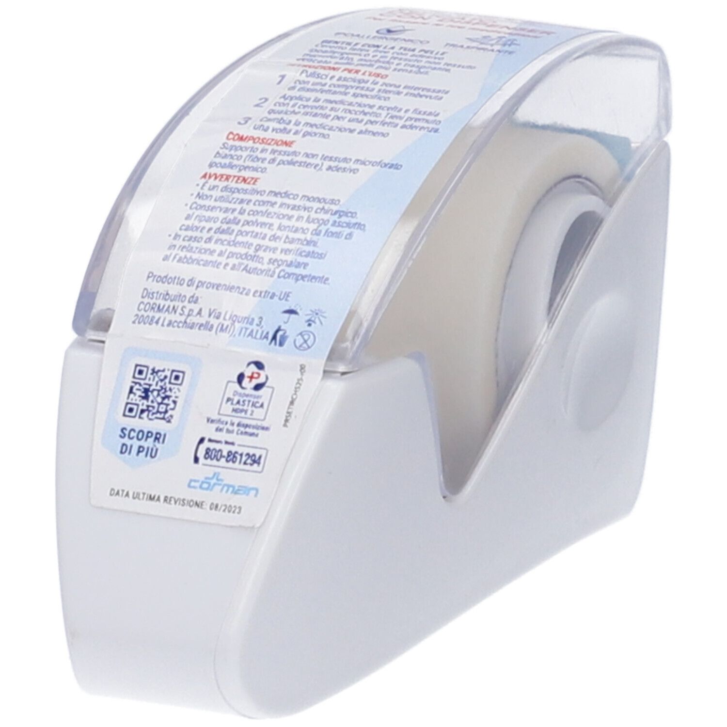 Dispenser bianco con rotolo e coperchio trasparente. Marchio: Corman. Adesivo con testo.