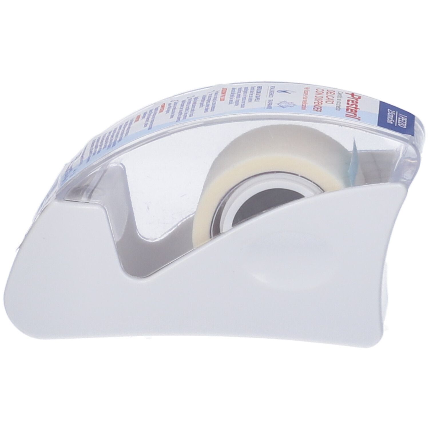 Dispenser bianco con rotolo e coperchio trasparente. Scritta: PRESTERIL. Marchio: Corman.