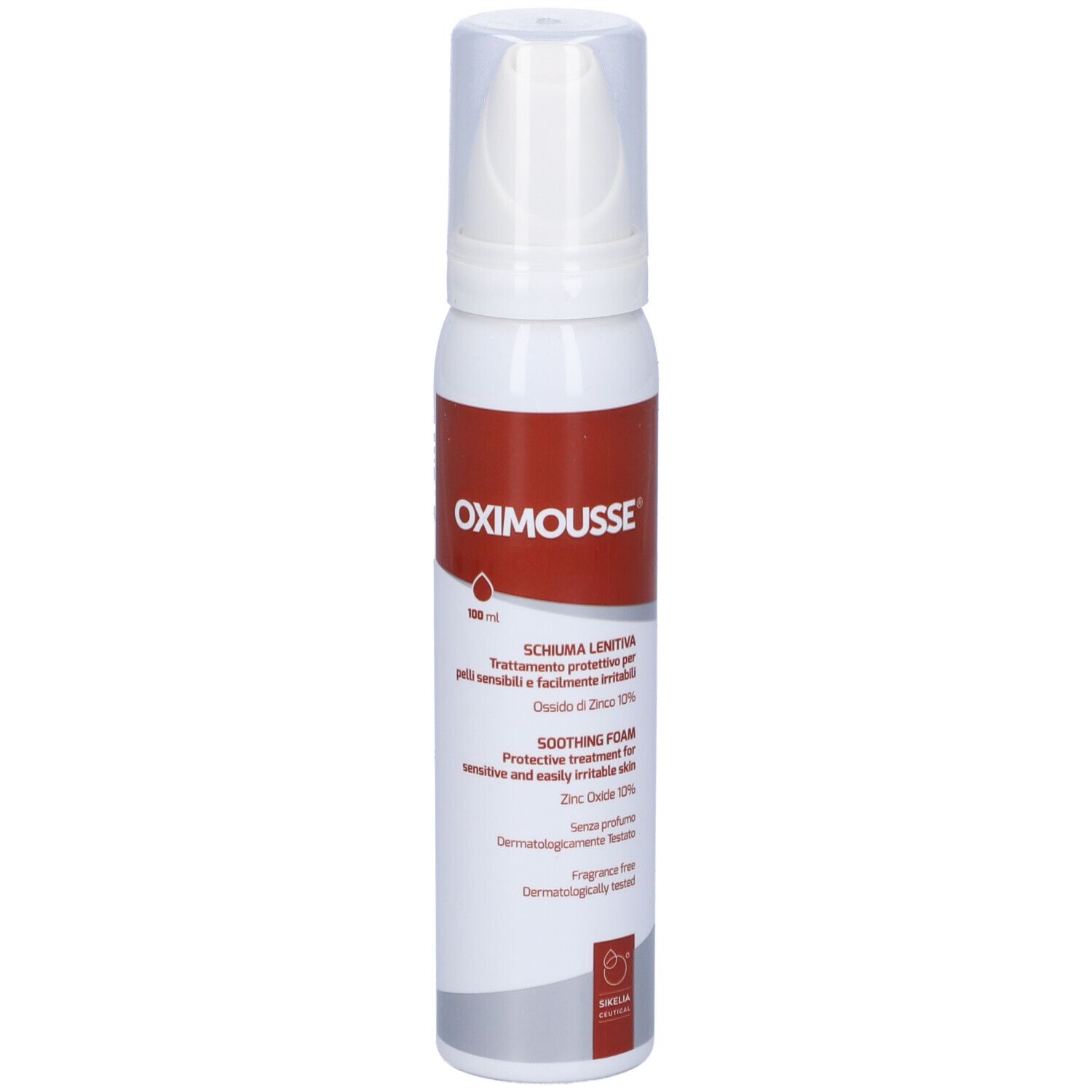 Flacone spray bianco-rosso con testo. Erogatore bianco.