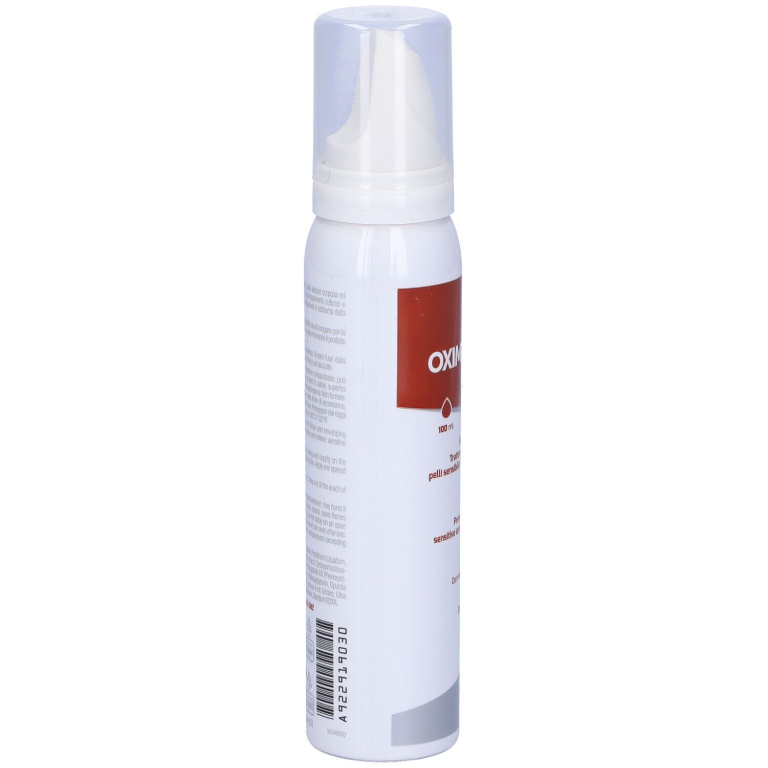 Flacone spray bianco, testo rosso. Codice a barre e testo laterale.