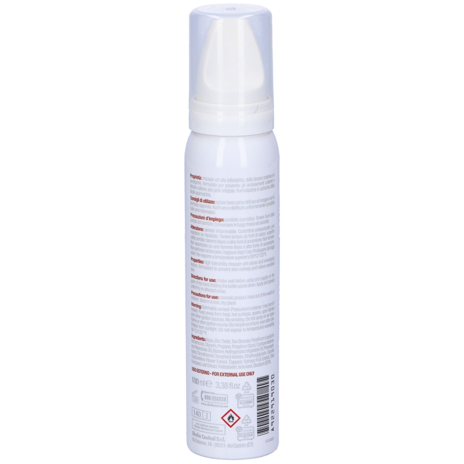Flacone spray bianco, testo rosso. Retro con testo e simboli.