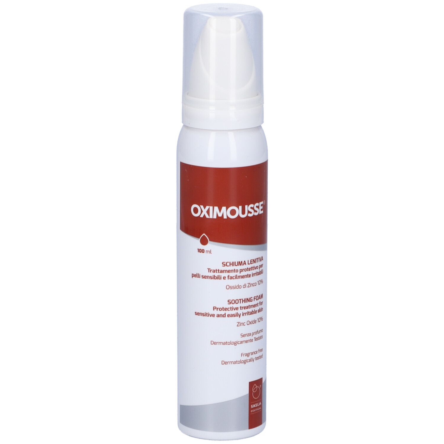 Flacone spray bianco-rosso con testo. Erogatore bianco.