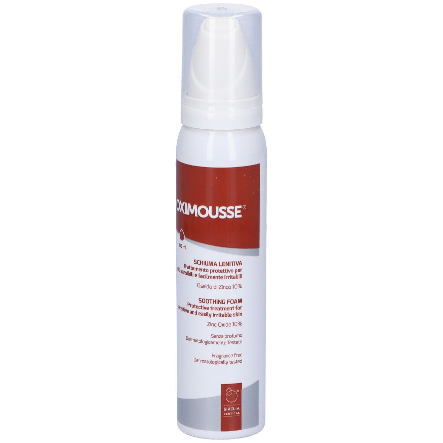 Flacone spray bianco-rosso con testo. Erogatore bianco.