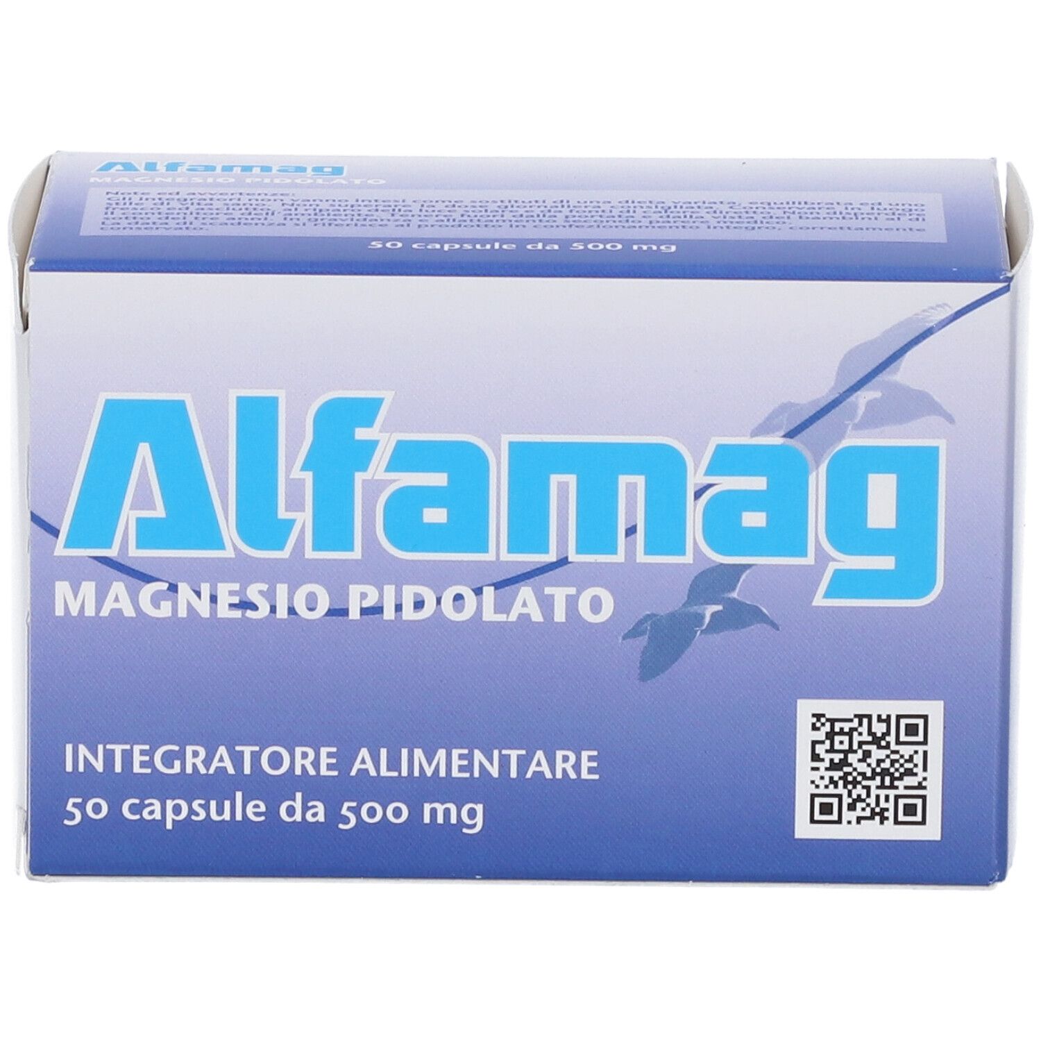 Scatola Alfamag. Confezione blu e bianca con nome del prodotto e informazioni. Contiene 50 capsule.