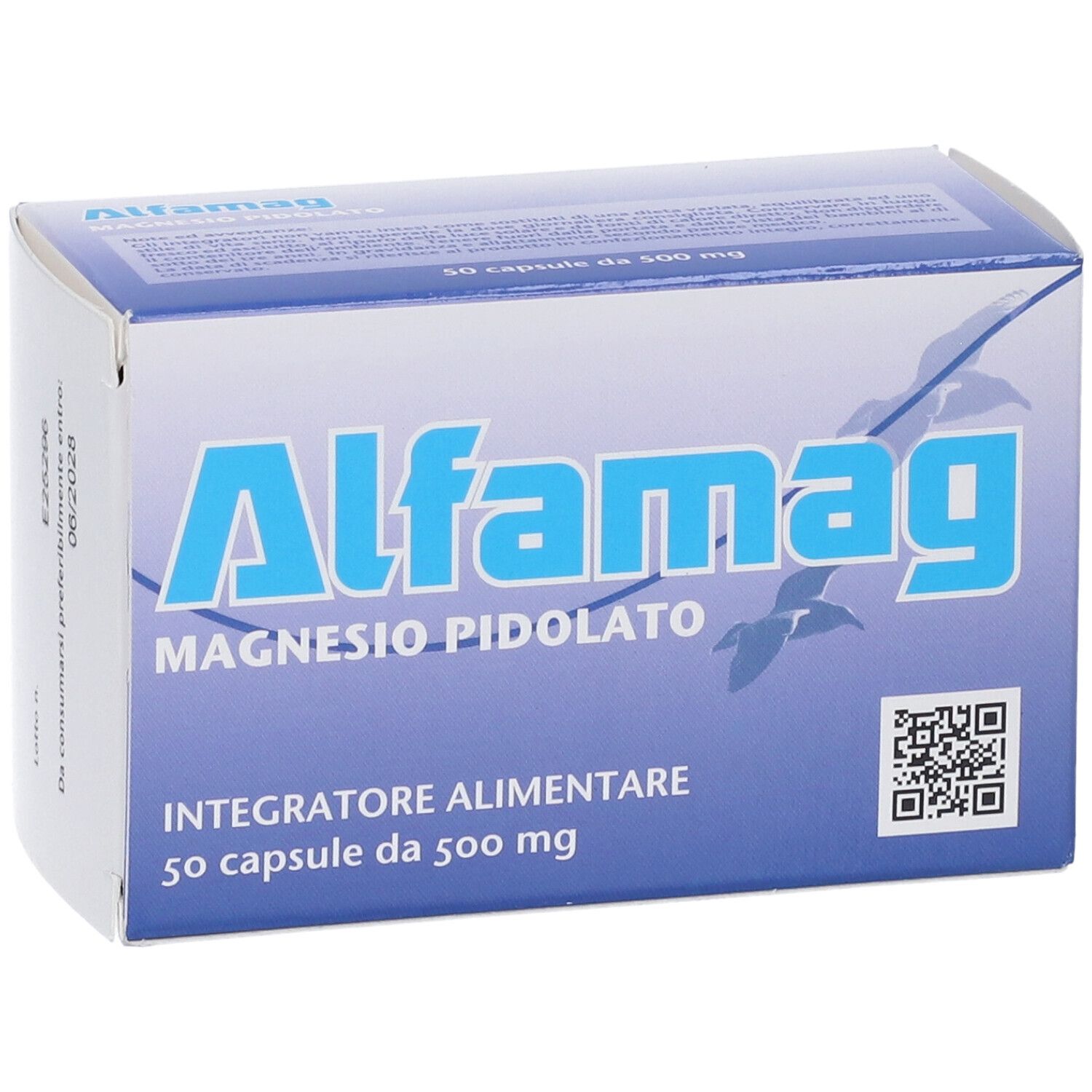 Scatola Alfamag. Confezione blu e bianca con nome del prodotto e informazioni. Contiene 50 capsule.