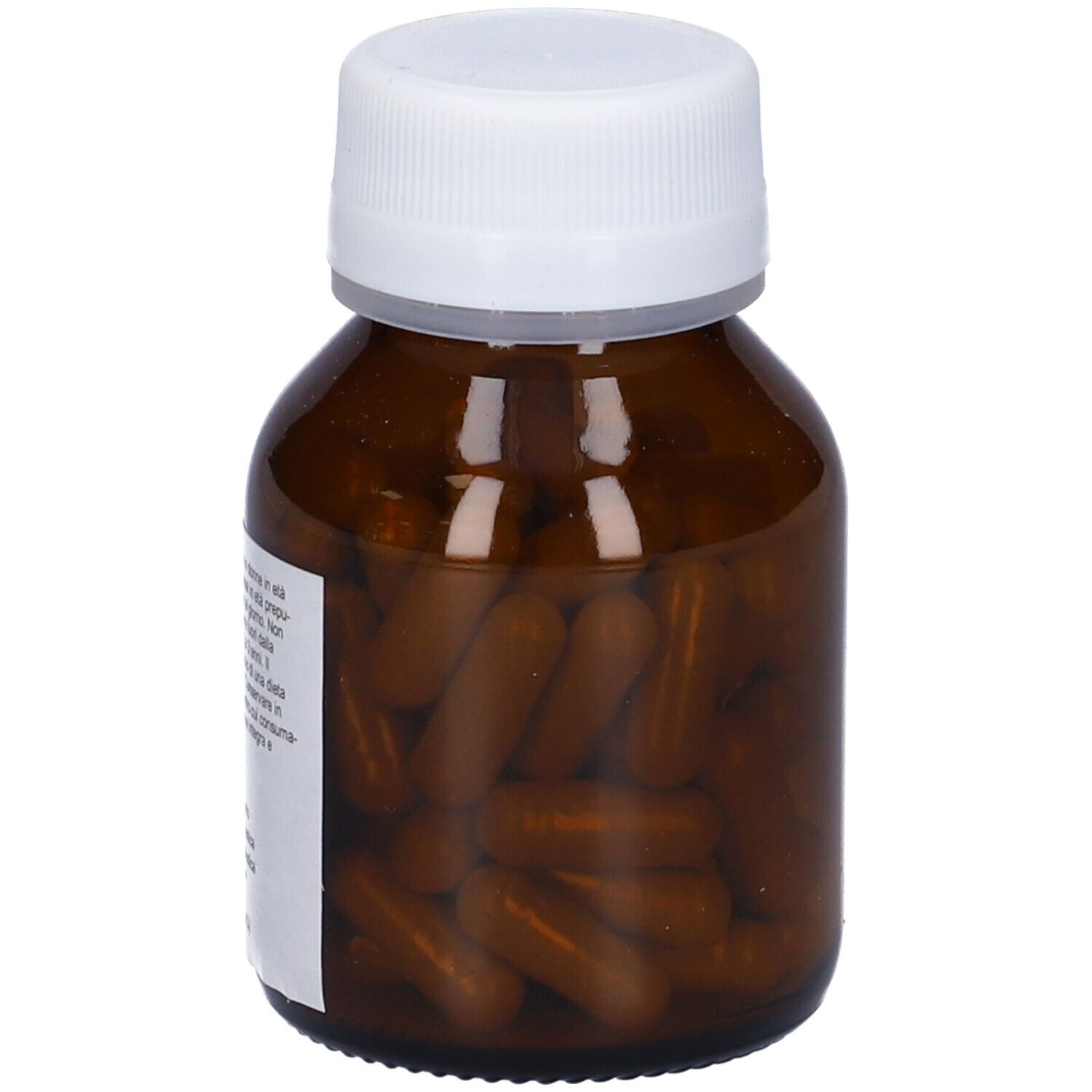Capsule marroni in un flacone di vetro marrone con tappo bianco. Etichetta con testo. Nome del prodotto non visibile.