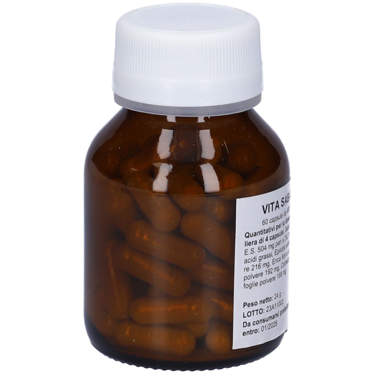 Flacone di vetro marrone con tappo bianco. Etichetta con testo: Vita Sabal 60 capsule. Peso 24g. Da consumarsi preferibilmente entro 01/2026.