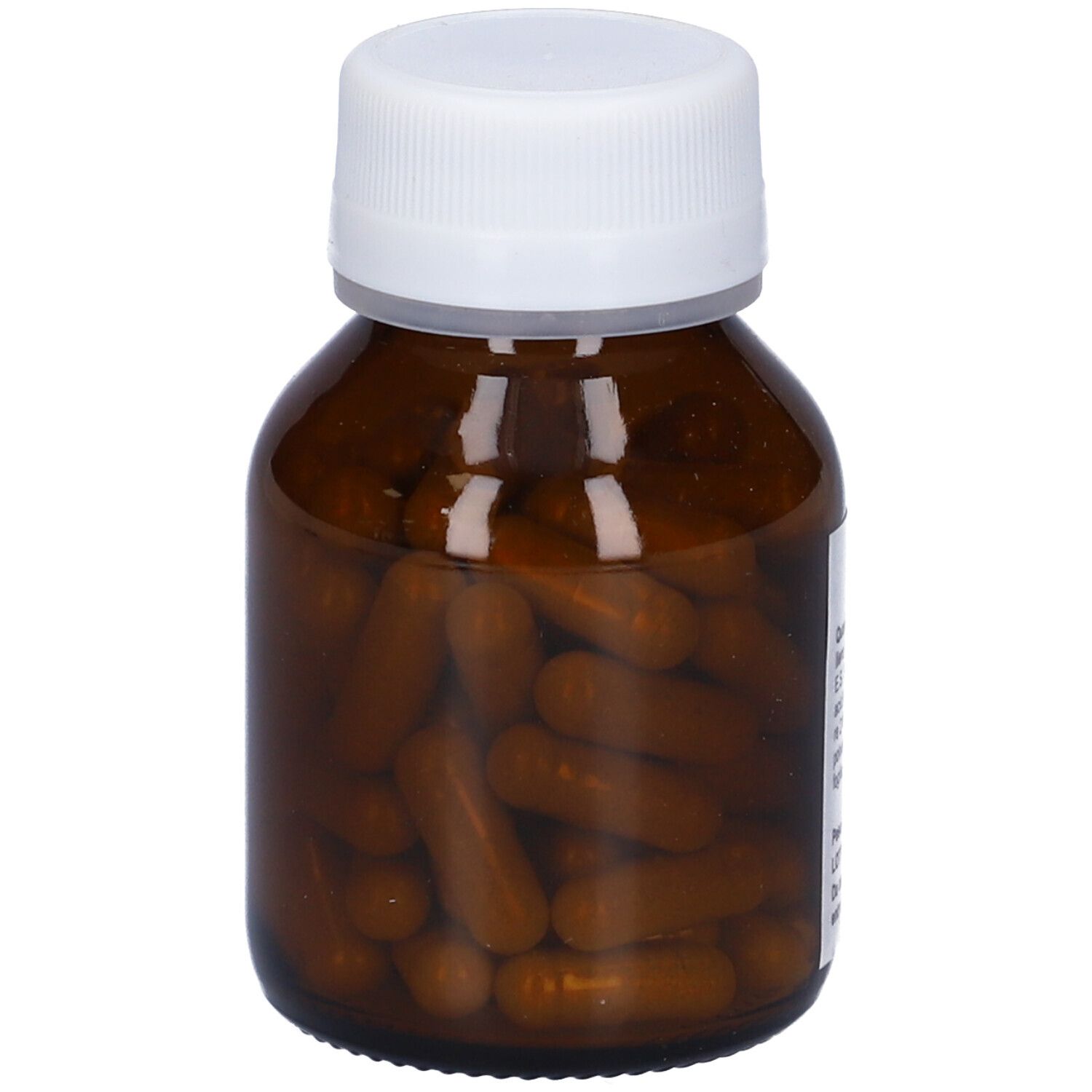 Capsule marroni in un flacone di vetro marrone con tappo bianco. Etichetta con testo. Nome del prodotto non visibile.