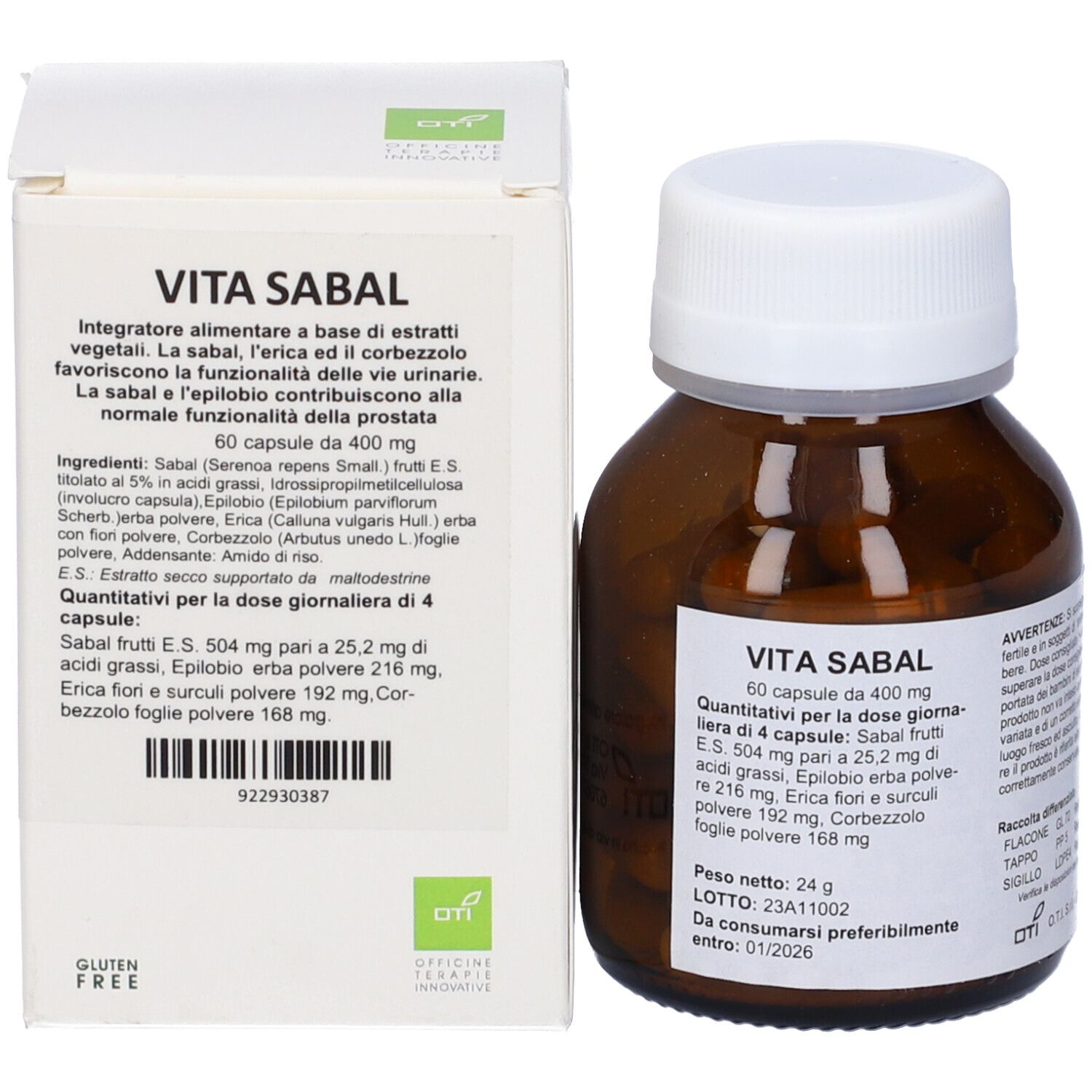 Prodotto Vita Sabal con confezione. Flacone marrone con capsule bianche e scatola bianca. Logo senza glutine.