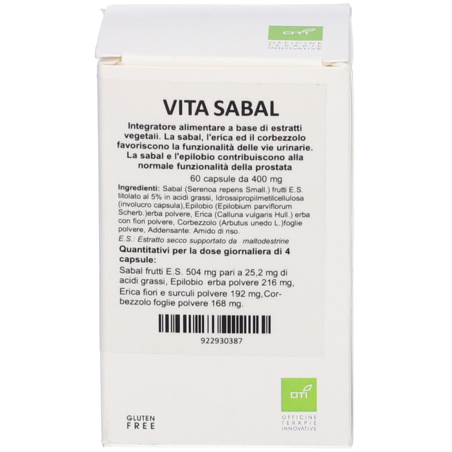 Scatola bianca con testo: Vita Sabal. Logo senza glutine. Informazioni sul prodotto e ingredienti.