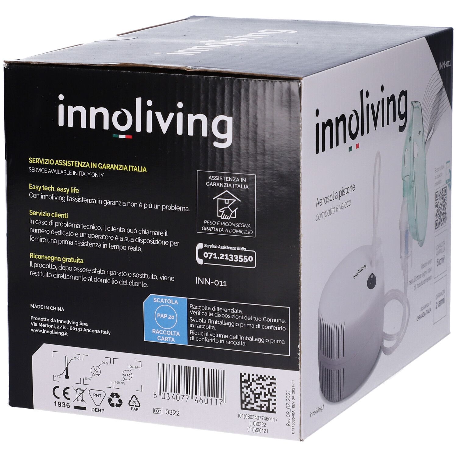 Confezione con testo e immagine del prodotto. Marchio: Innoliving. Testo: Service assistenza in garanzia Italia. Codice QR e codice a barre.