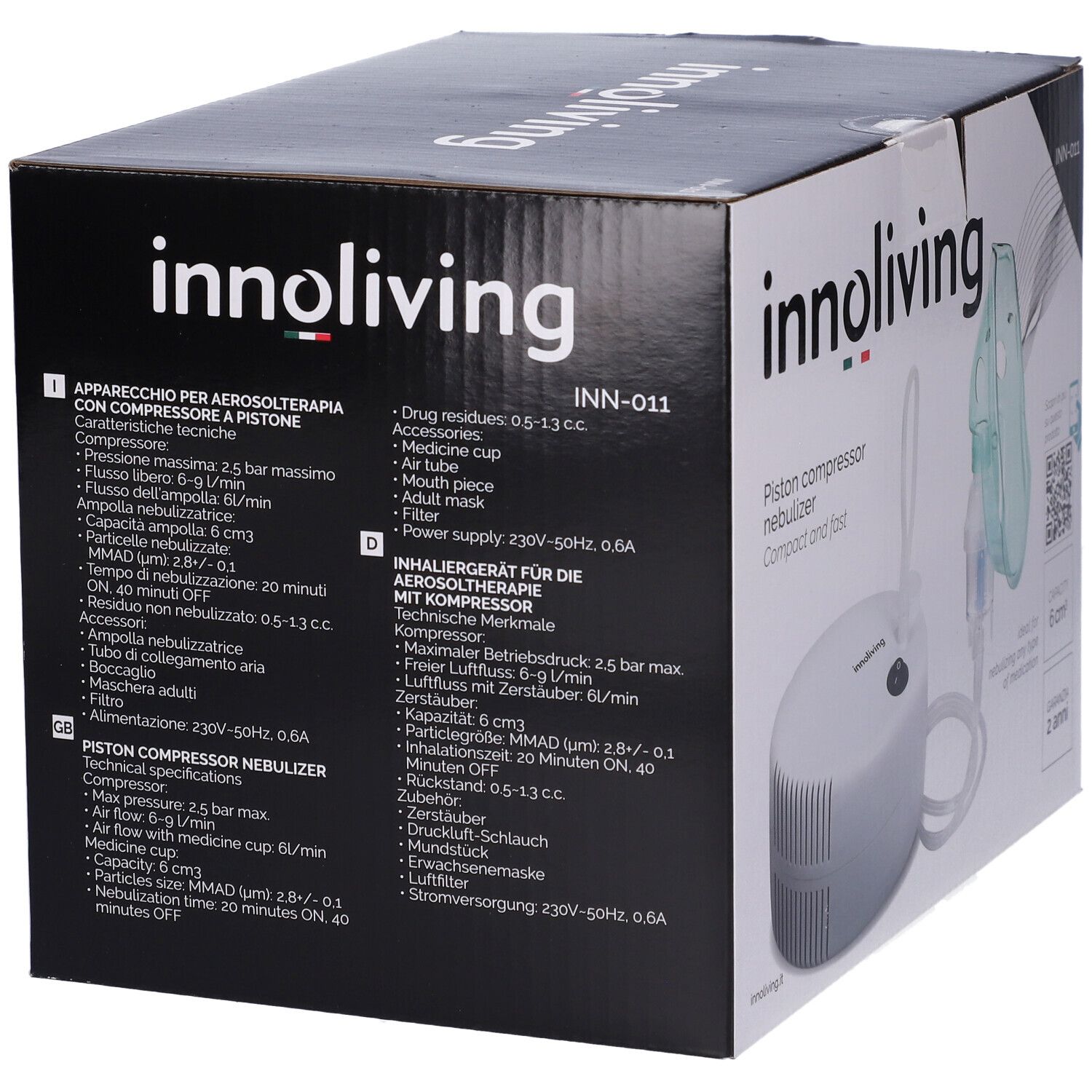 Confezione con testo e immagine del prodotto. Marchio: Innoliving. Testo: Apparecchio per aerosolterapia con compressore a pistone. Caratteristiche tecniche.