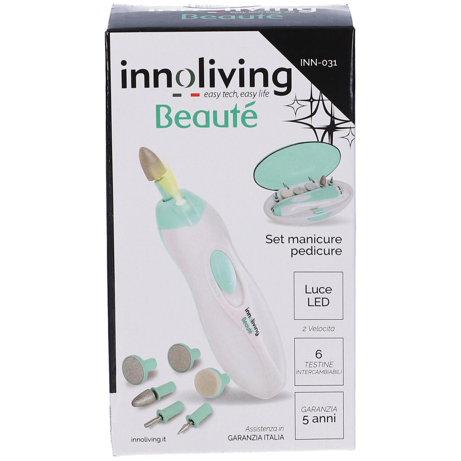 Confezione del prodotto con il prodotto. 'Innoliving Beauté' è sulla confezione.