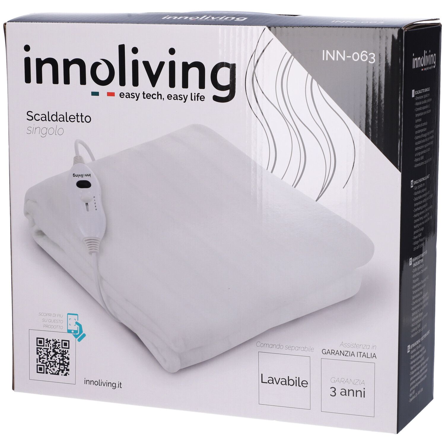Confezione con coperta termica. Sulla confezione c'è scritto 'innoliving' e 'Scaldaletto singolo'.