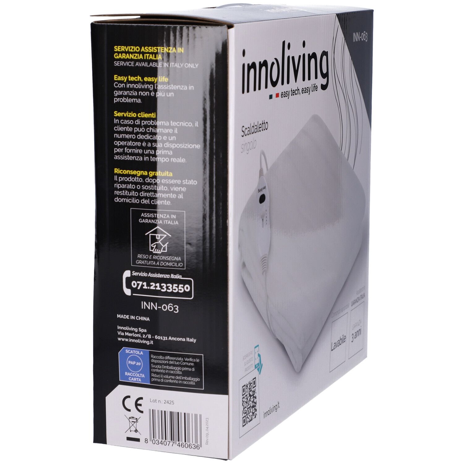 Confezione con coperta termica. Sulla confezione c'è scritto 'innoliving' e 'Scaldaletto singolo'.