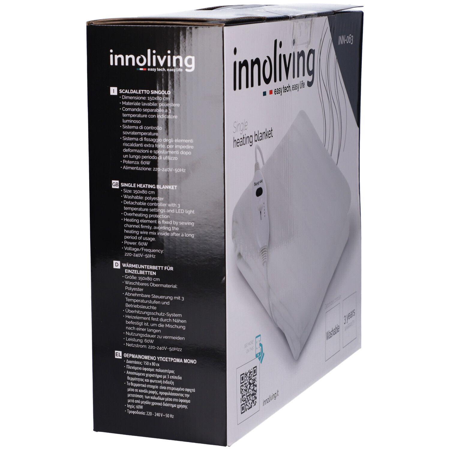 Confezione con coperta termica. Sulla confezione c'è scritto 'innoliving' e 'Single heating blanket'.