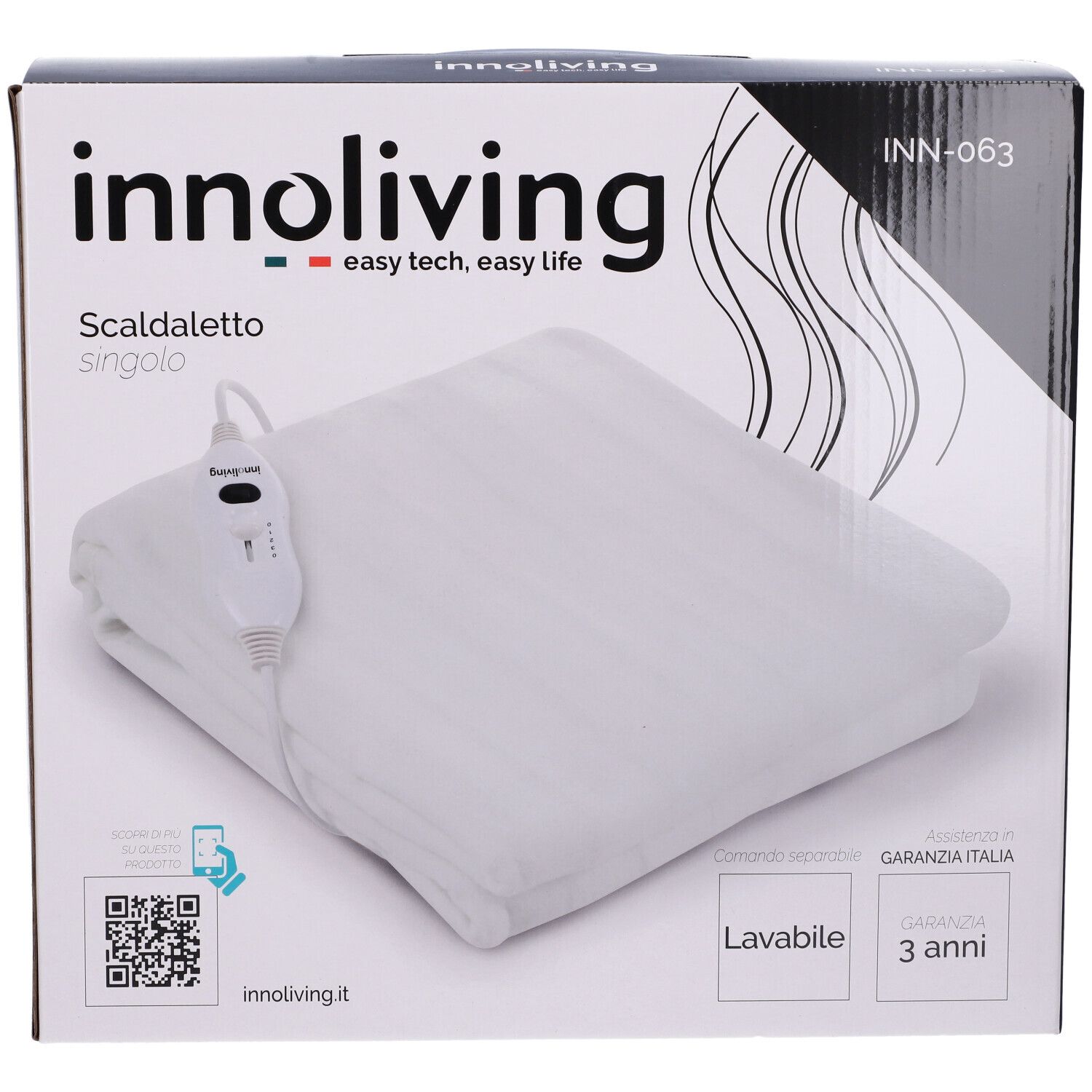 Confezione con coperta termica. Sulla confezione c'è scritto 'innoliving' e 'Scaldaletto singolo'.