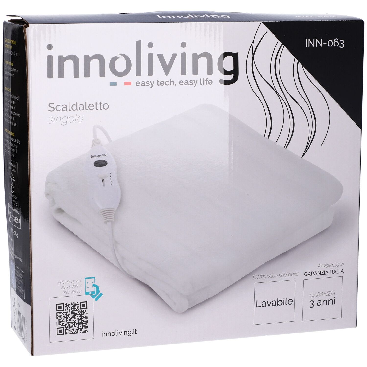 Confezione con coperta termica. Sulla confezione c'è scritto 'innoliving' e 'Scaldaletto singolo'.