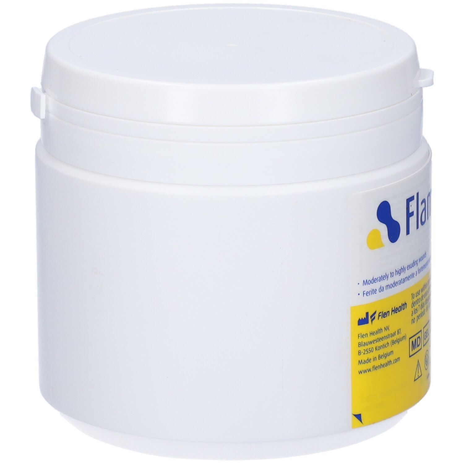 Contenitore cilindrico bianco con coperchio. Adesivo con sfondo giallo e loghi blu e gialli.