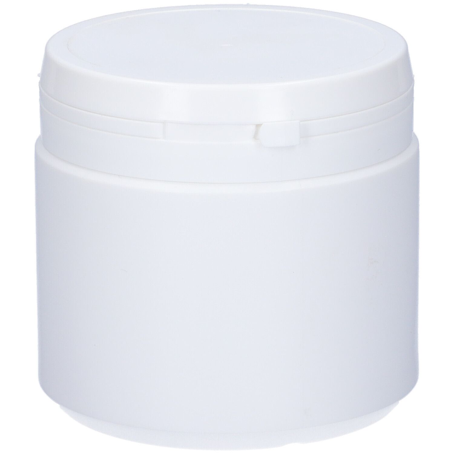 Contenitore cilindrico bianco con coperchio. Il coperchio è chiuso.