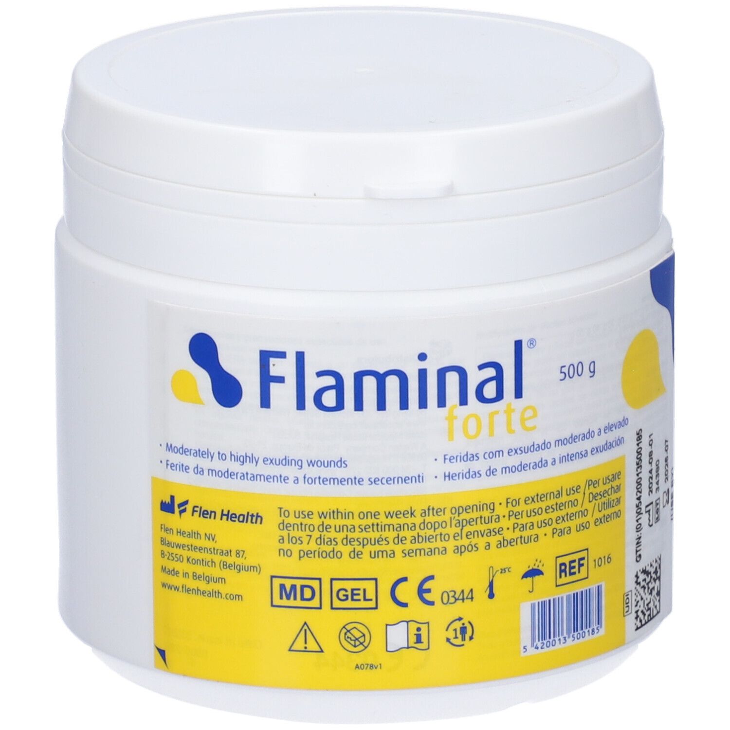 Contenitore bianco con coperchio. Scritta Flaminal forte, 500 g. Loghi gialli e blu. Testo in più lingue.