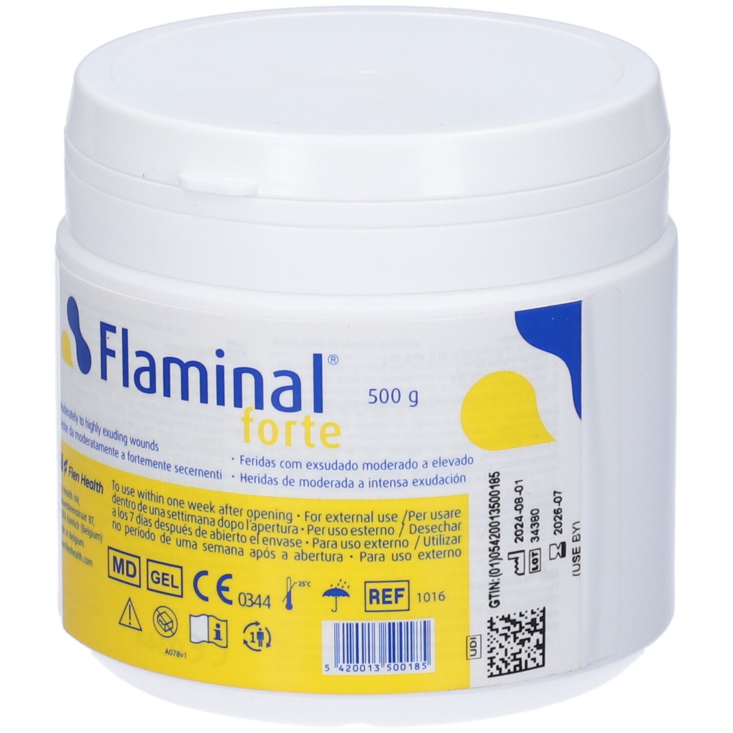 Contenitore bianco con coperchio. Scritta Flaminal forte, 500 g. Loghi gialli e blu. Testo in più lingue.