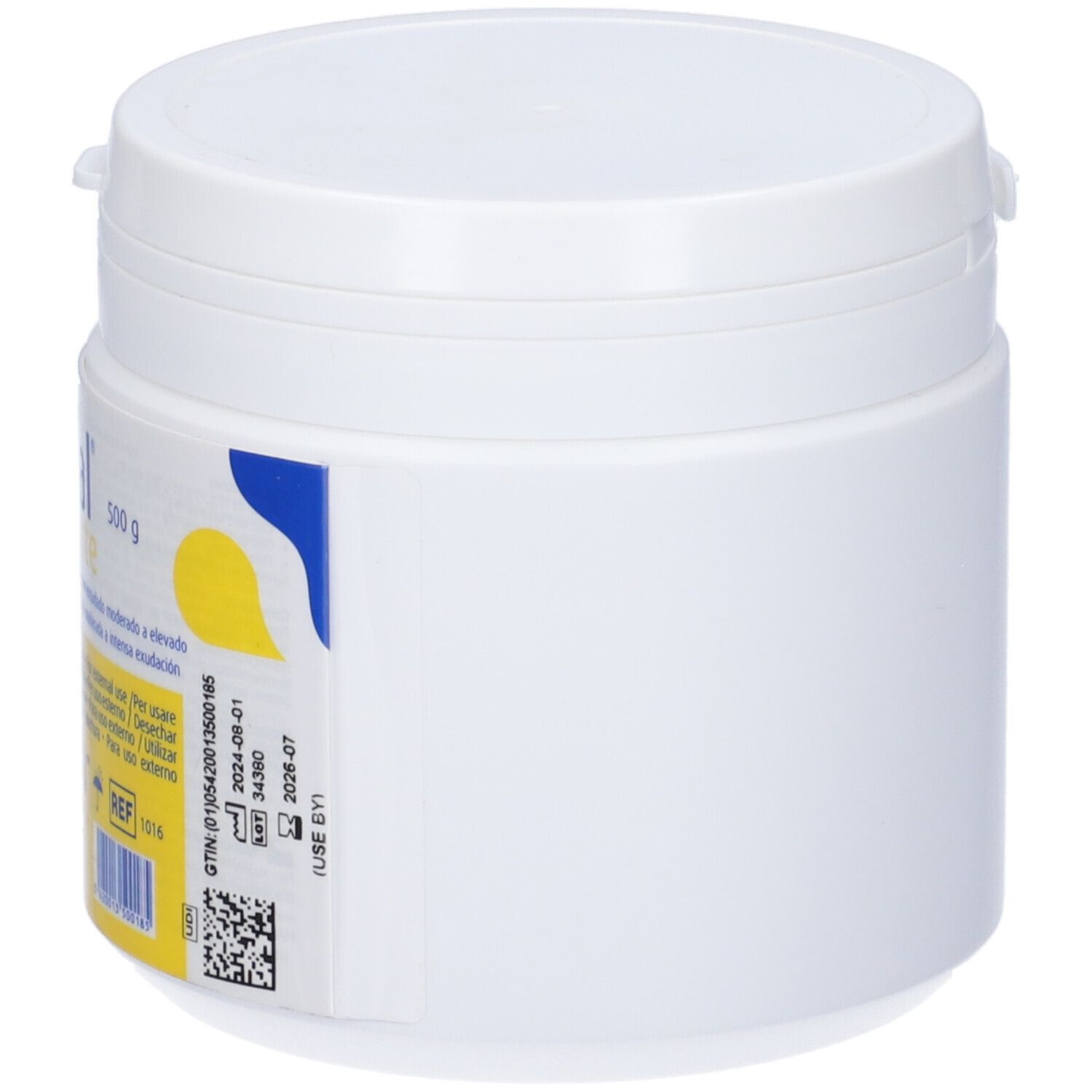 Contenitore cilindrico bianco con coperchio. Adesivo con sfondo giallo e loghi blu e gialli.