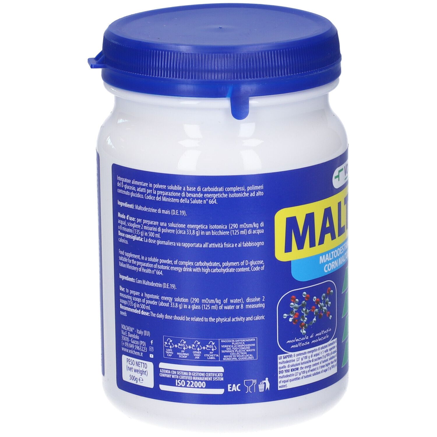 Retro del barattolo bianco con coperchio blu. Testo: Maltodestrine di mais (DE 19). Marchi ISO 22000, EAC.