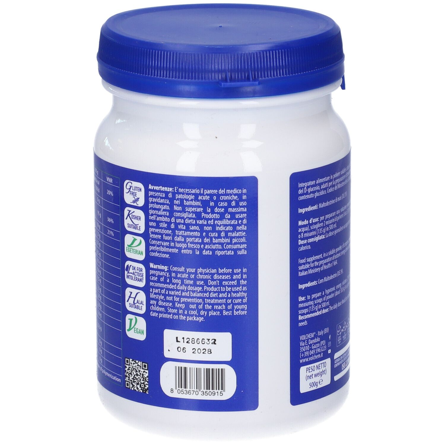 Retro del barattolo bianco con coperchio blu. Testo: Avvertenze, scadenza, codice a barre, certificazioni.