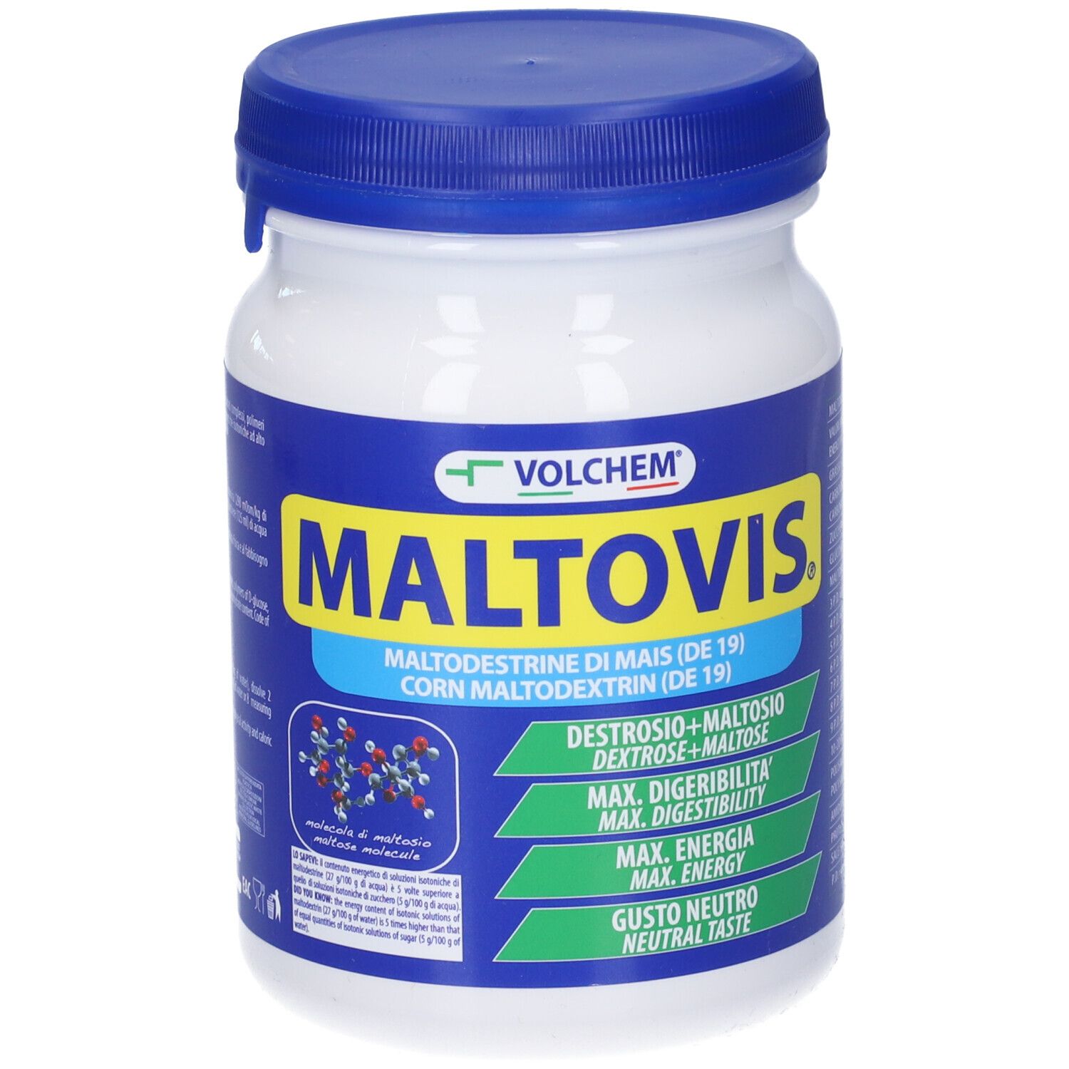Prodotto bianco in barattolo con coperchio blu. Scritte: VOLCHEM, MALTOVIS, Maltodestrine di mais (DE 19).