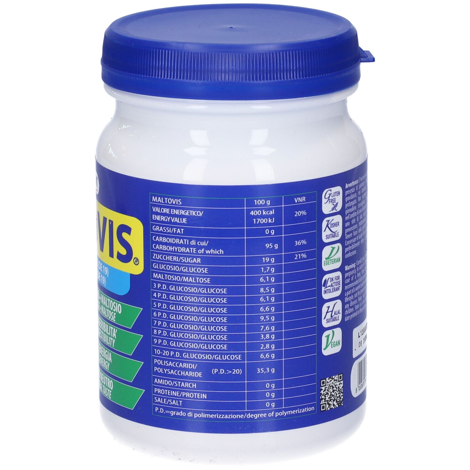 Retro del barattolo bianco con coperchio blu. Testo: Valori nutrizionali, Maltovis, Senza glutine, Certificazioni.