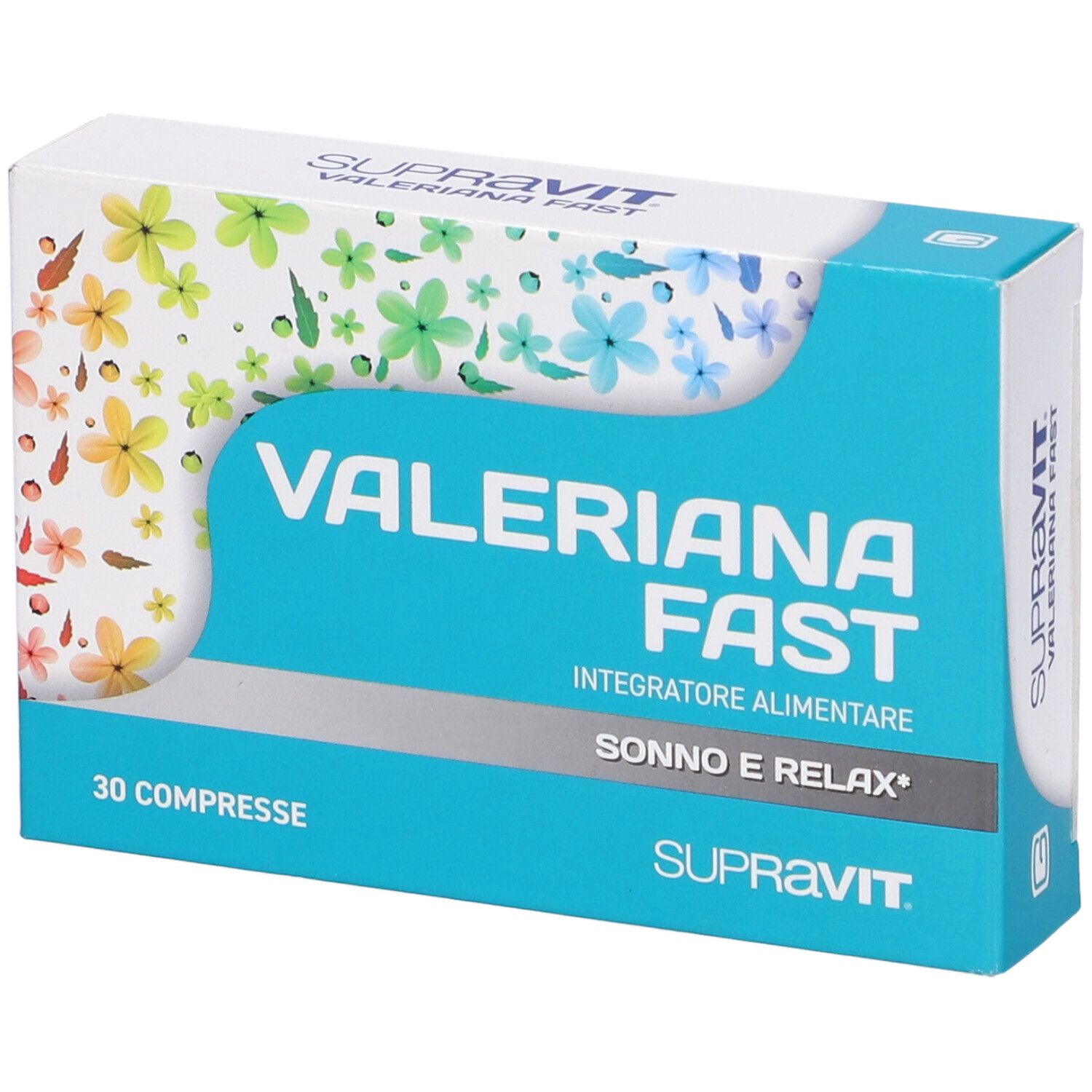 Scatola del prodotto. Scritta: Valeriana Fast, 30 Compresse, Supravit. Fiori colorati su sfondo blu.