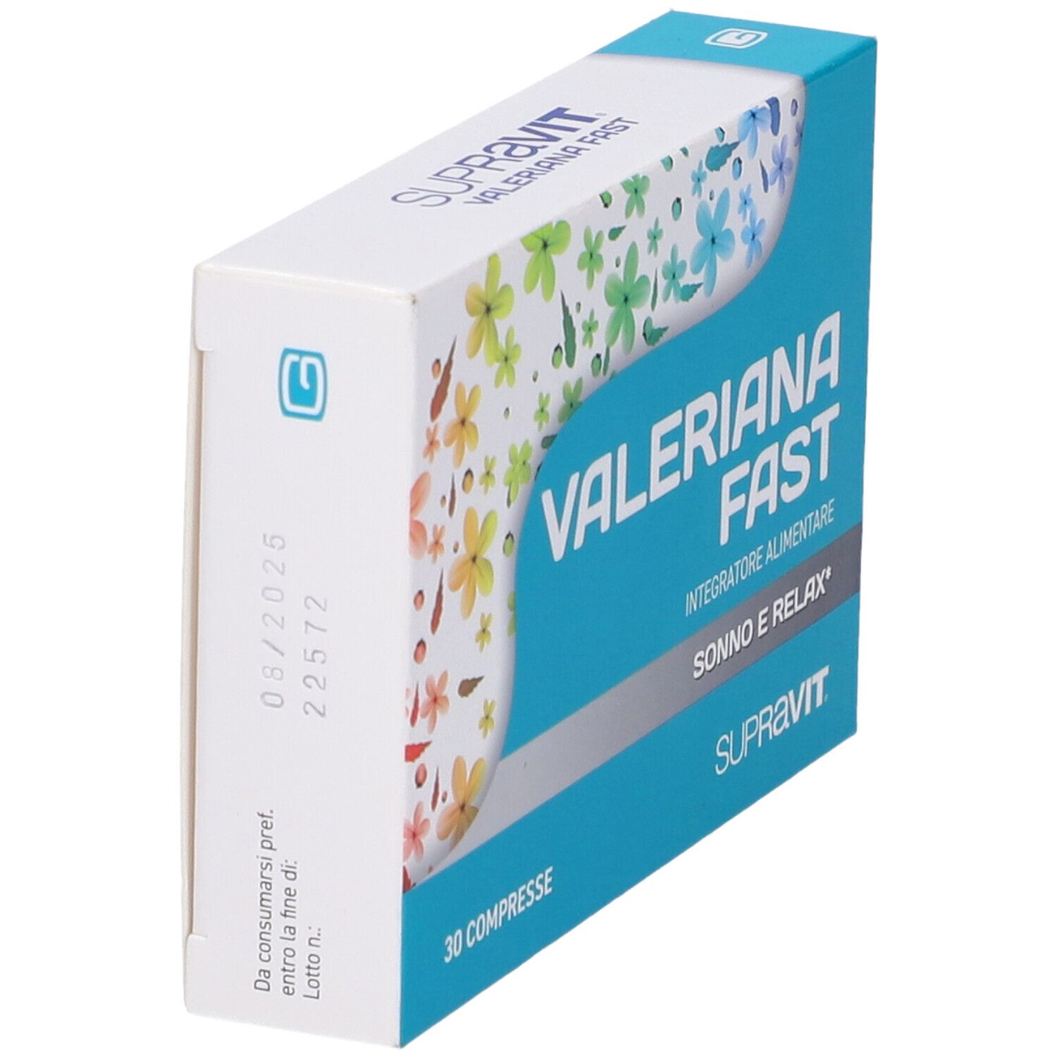 Scatola del prodotto. Scritta: Valeriana Fast, 30 Compresse, Supravit. Fiori colorati su sfondo blu.