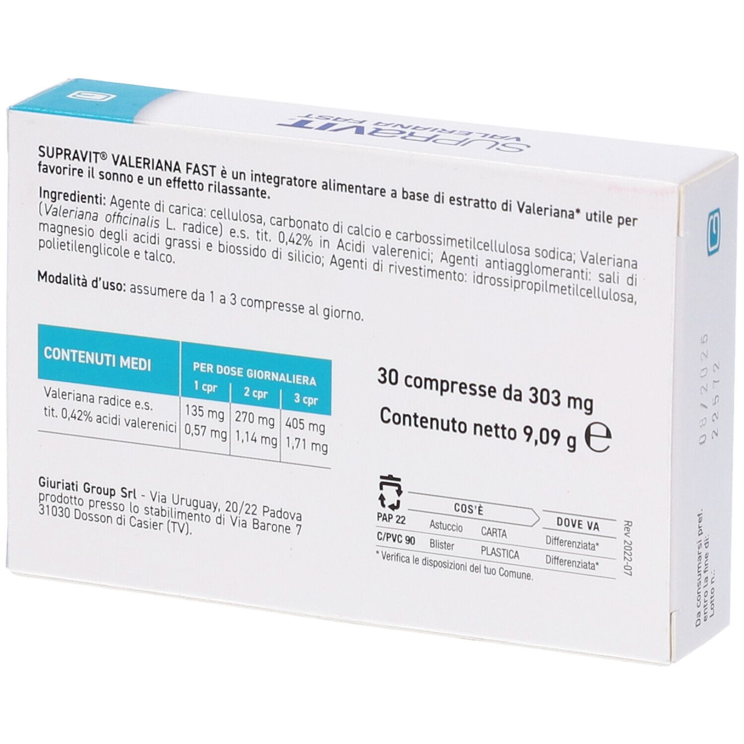 Retro della confezione del prodotto. Testo: ingredienti, informazioni nutrizionali, istruzioni per l'uso. 30 compresse.