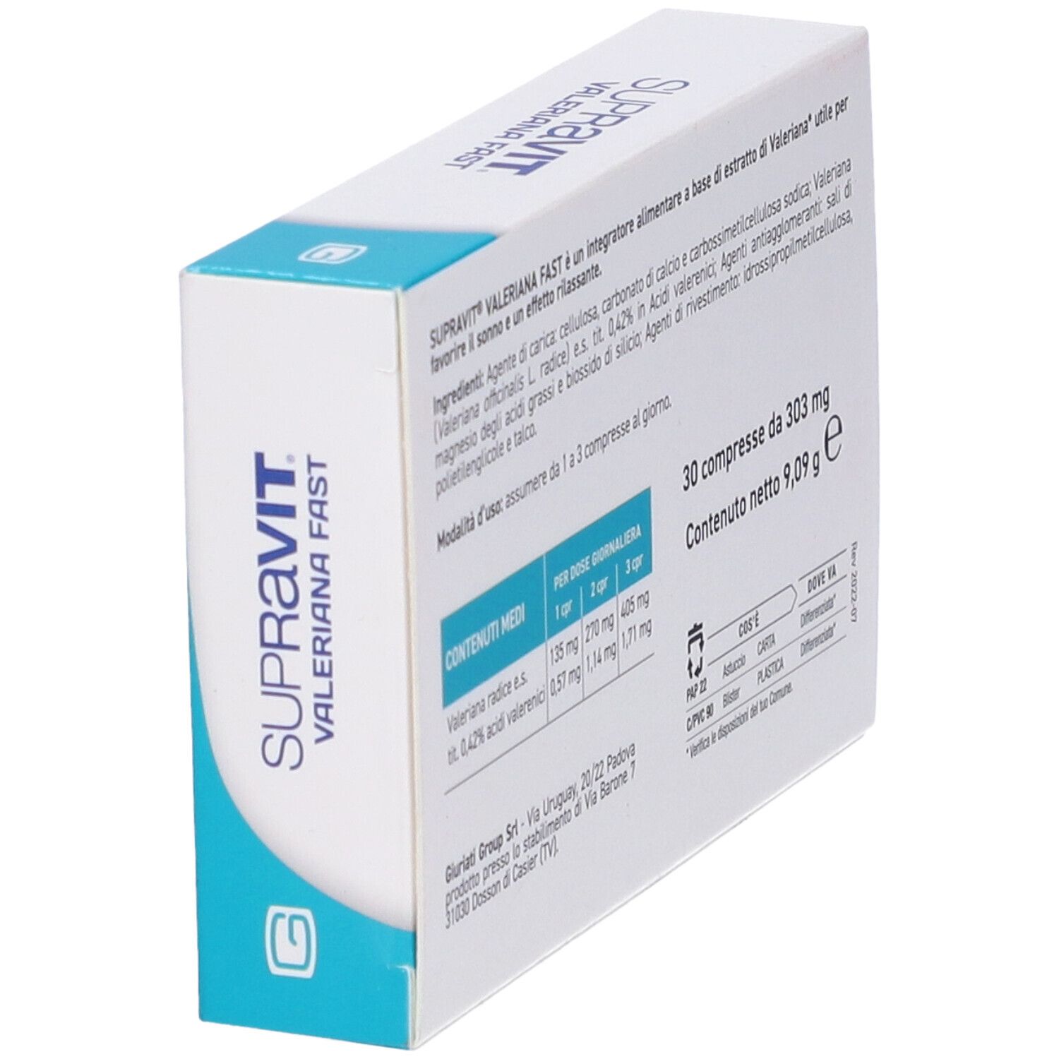 Retro della confezione del prodotto. Testo: ingredienti, informazioni nutrizionali, istruzioni per l'uso. 30 compresse.