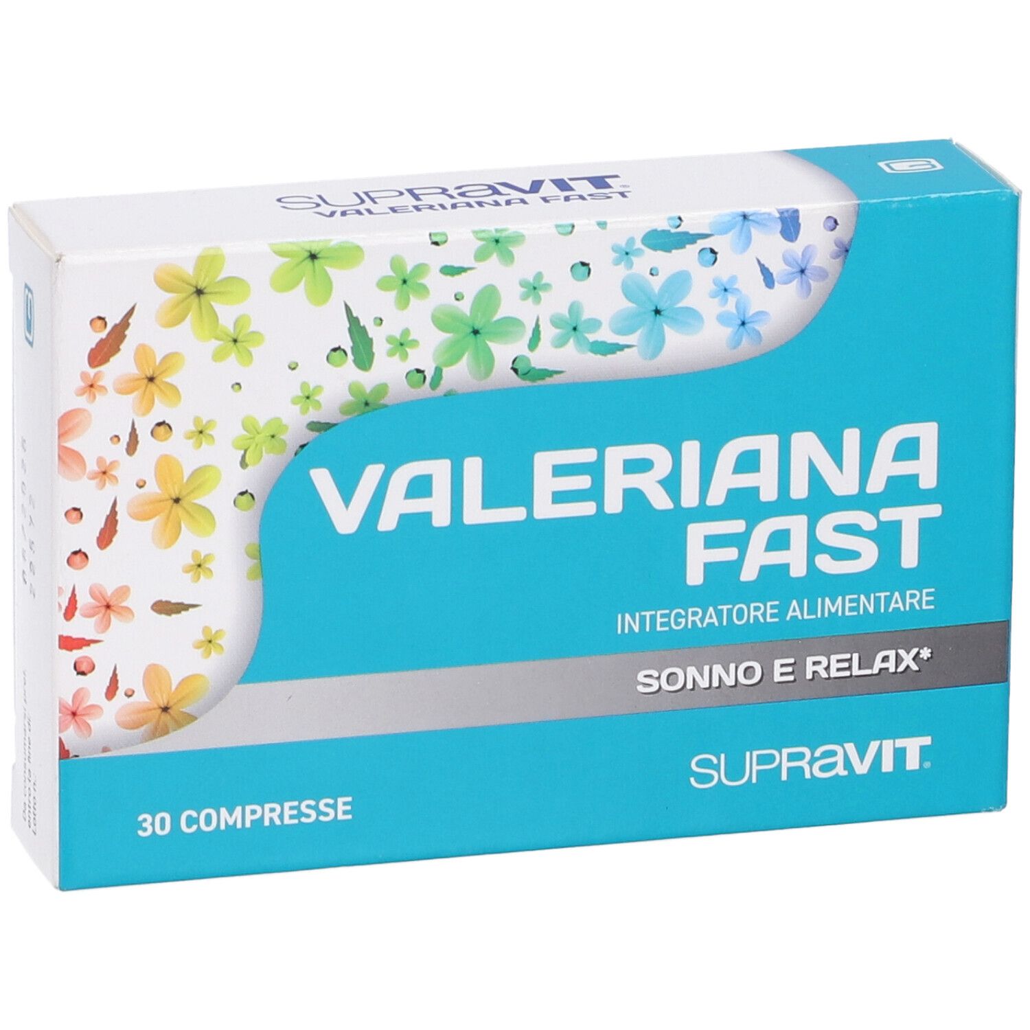 Scatola del prodotto. Scritta: Valeriana Fast, 30 Compresse, Supravit. Fiori colorati su sfondo blu.
