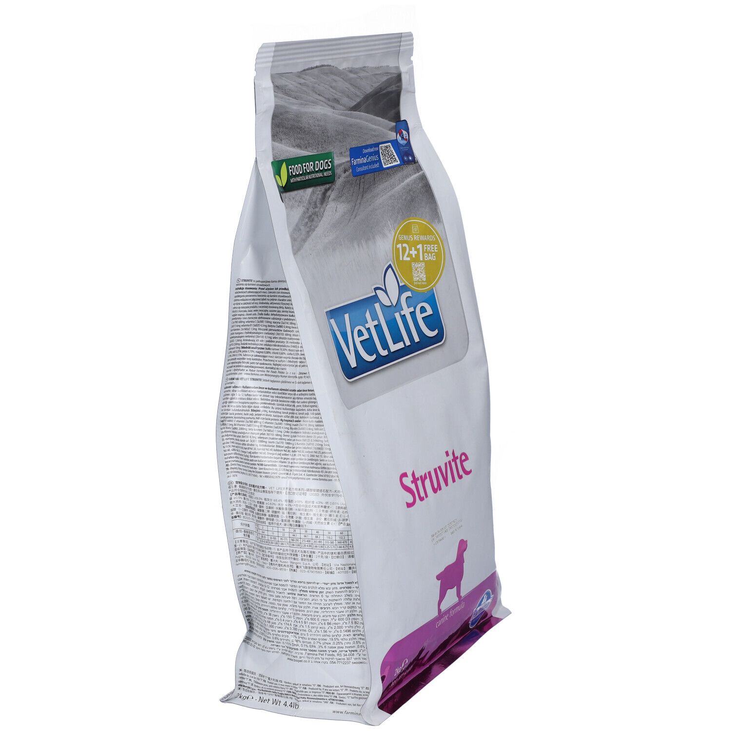 Sacchetto bianco inclinato con scritta "VetLife Struvite". Logo, nome del prodotto e silhouette di cane. Testo sul retro.