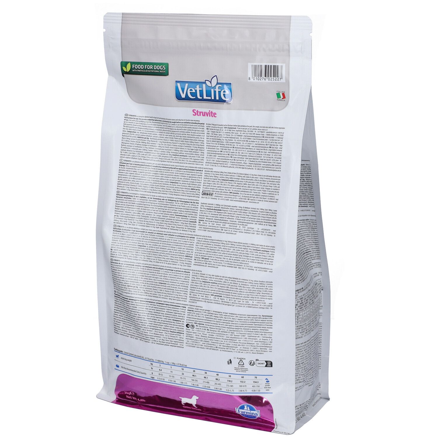 Retro di un sacchetto bianco con scritta "VetLife Struvite". Logo, nome del prodotto e testo. Bandiera italiana.